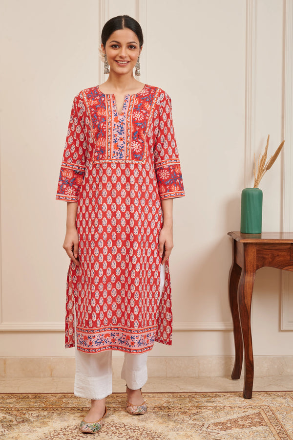 Orange Hand Block Printed Sanganeri  Kurta