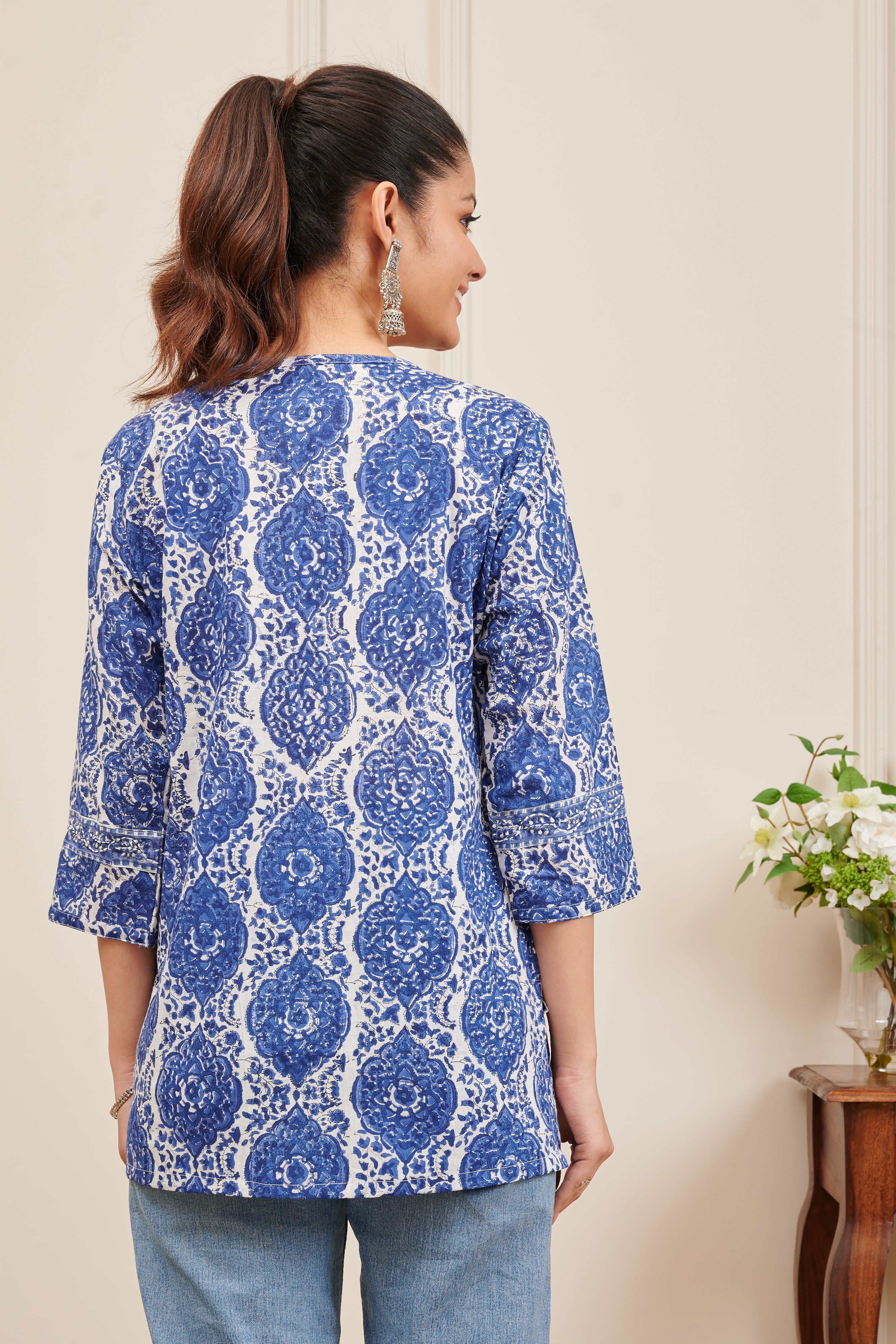 Blue Hand Block Printed Cotton Pleated Tunic