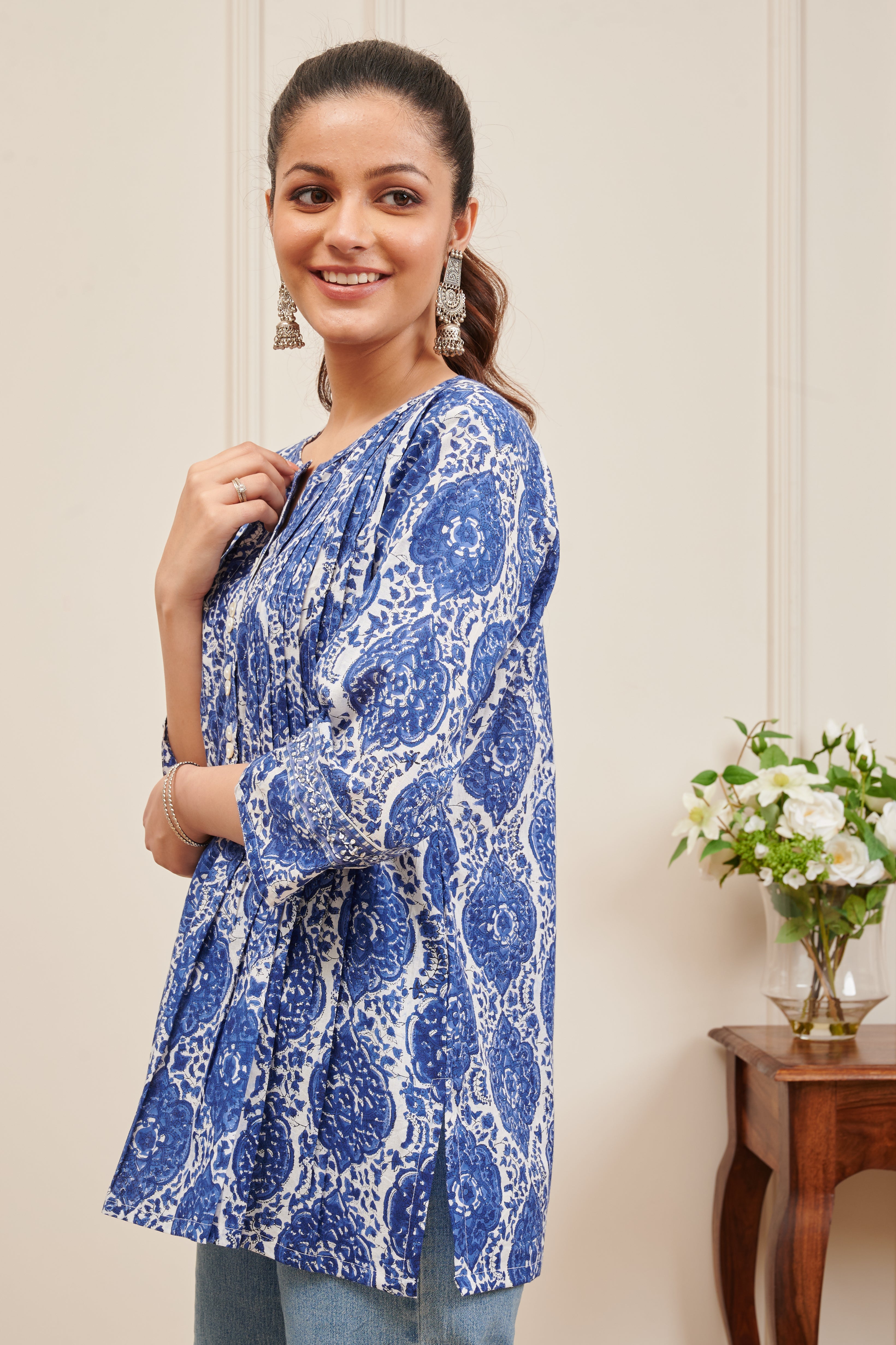 Blue Hand Block Printed Cotton Pleated Tunic