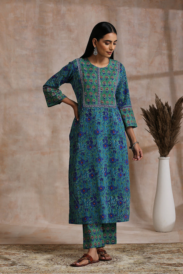 Green/Blue Hand Block Printed Sanganeri Kurta