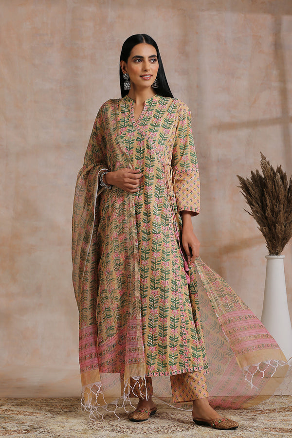 Beige/Pink Hand Block Printed Kota Doria Dupatta