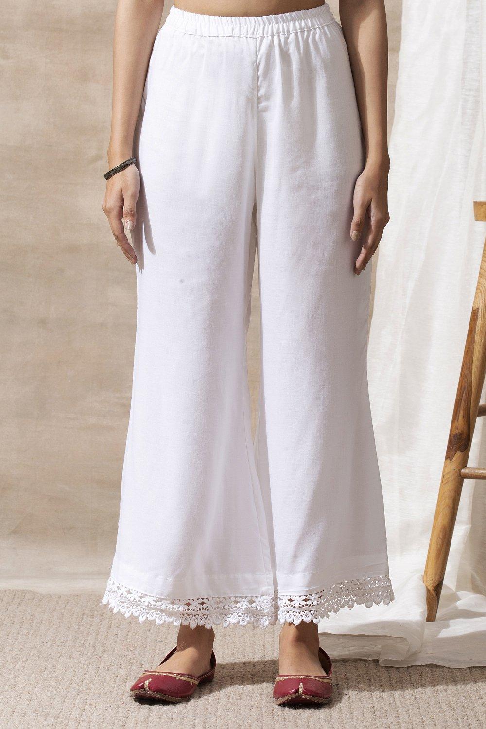 White Broad Lace Cotton Palazzos - Tahiliya