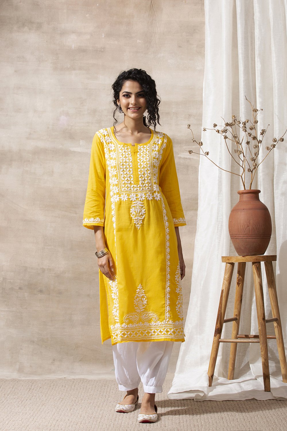 Yellow Chikankari Hand Embroidered Handloom Cotton Kurta