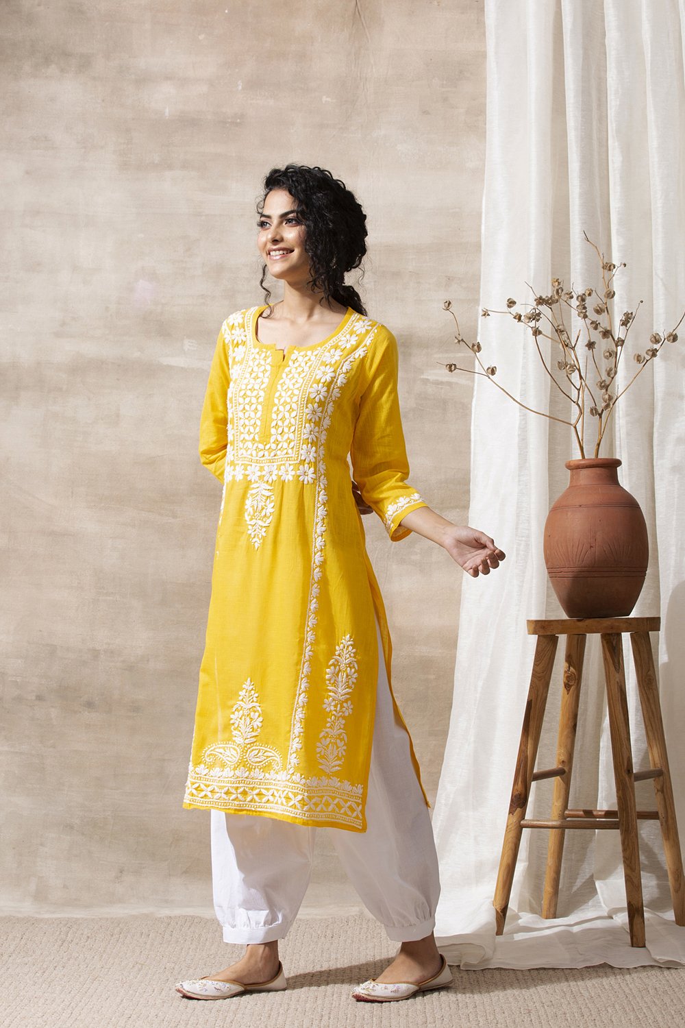 Yellow Chikankari Hand Embroidered Handloom Cotton Kurta