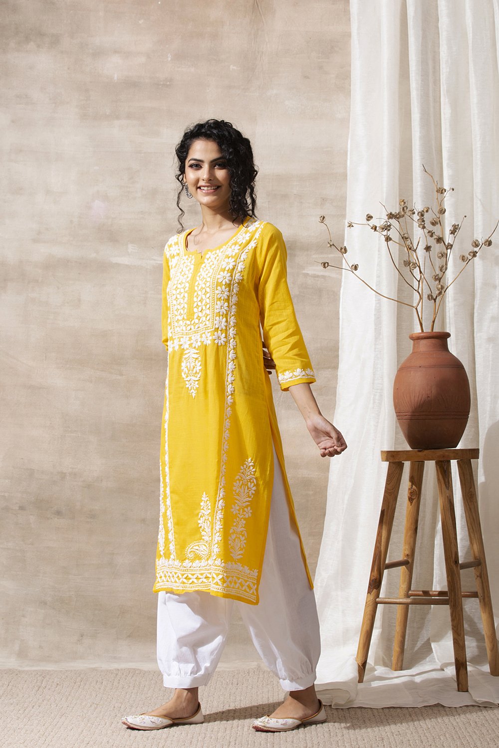 Yellow Chikankari Hand Embroidered Handloom Cotton Kurta