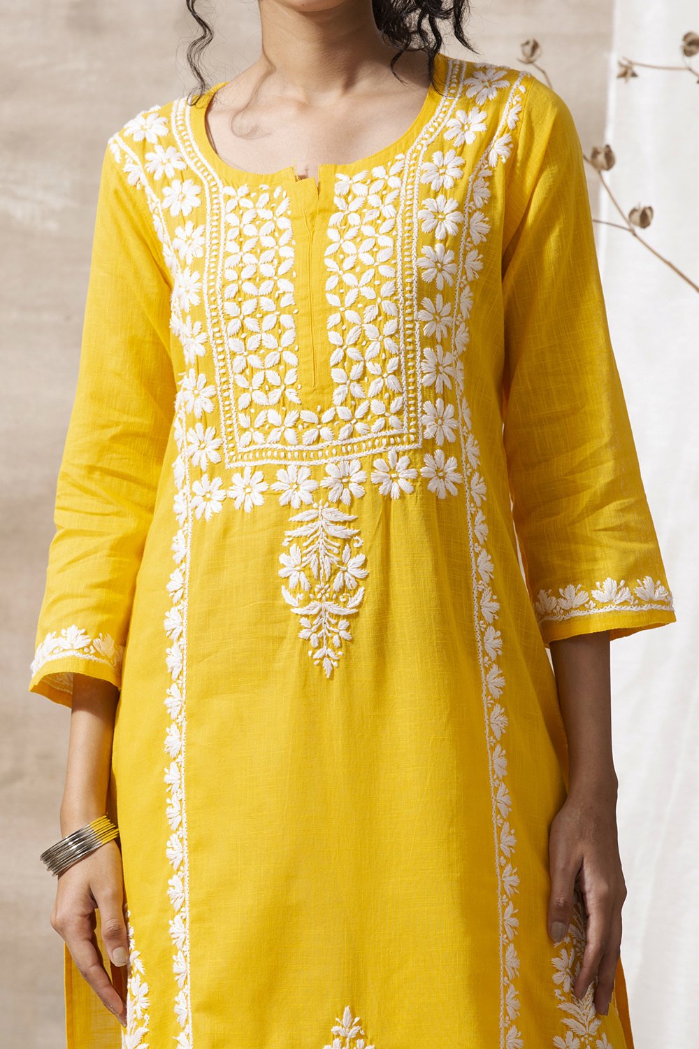 Yellow Chikankari Hand Embroidered Handloom Cotton Kurta