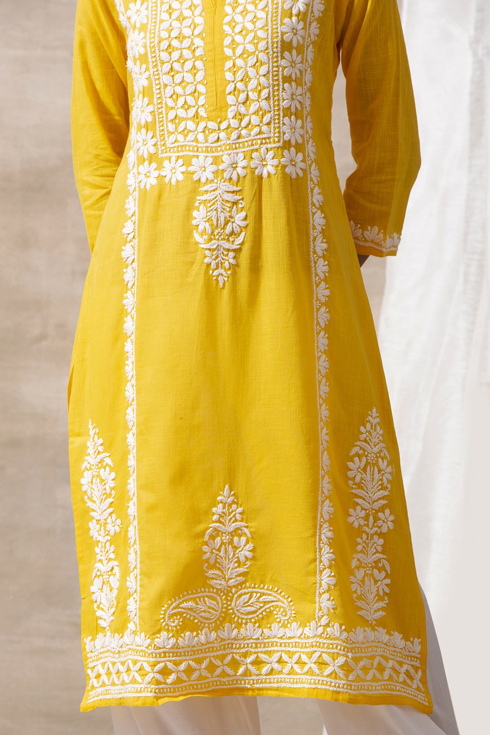Yellow Chikankari Hand Embroidered Handloom Cotton Kurta