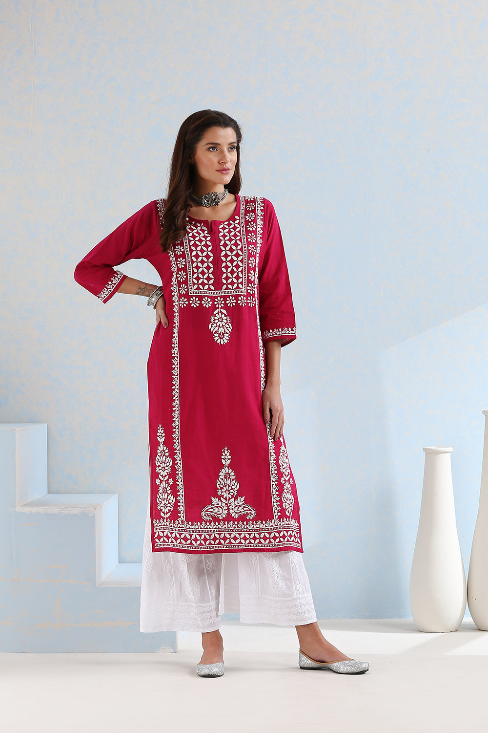 Rani Pink Chikankari Hand Embroidered Handloom Cotton Kurta
