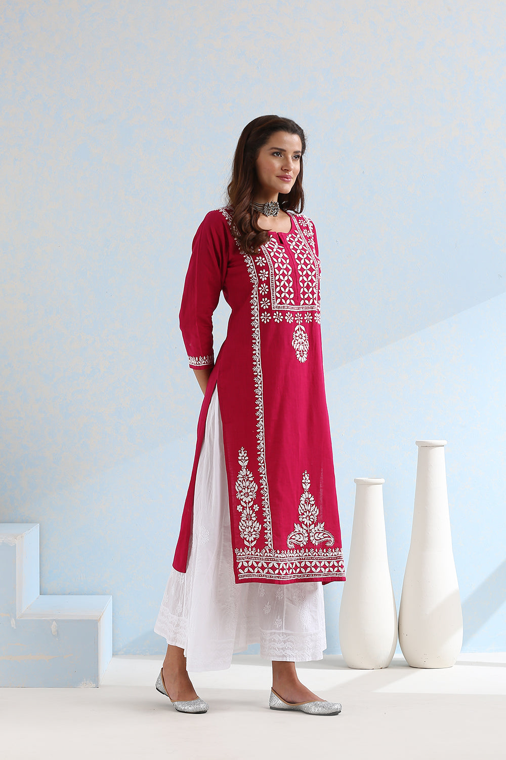 Rani Pink Chikankari Hand Embroidered Handloom Cotton Kurta