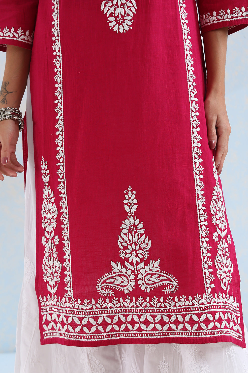 Rani Pink Chikankari Hand Embroidered Handloom Cotton Kurta