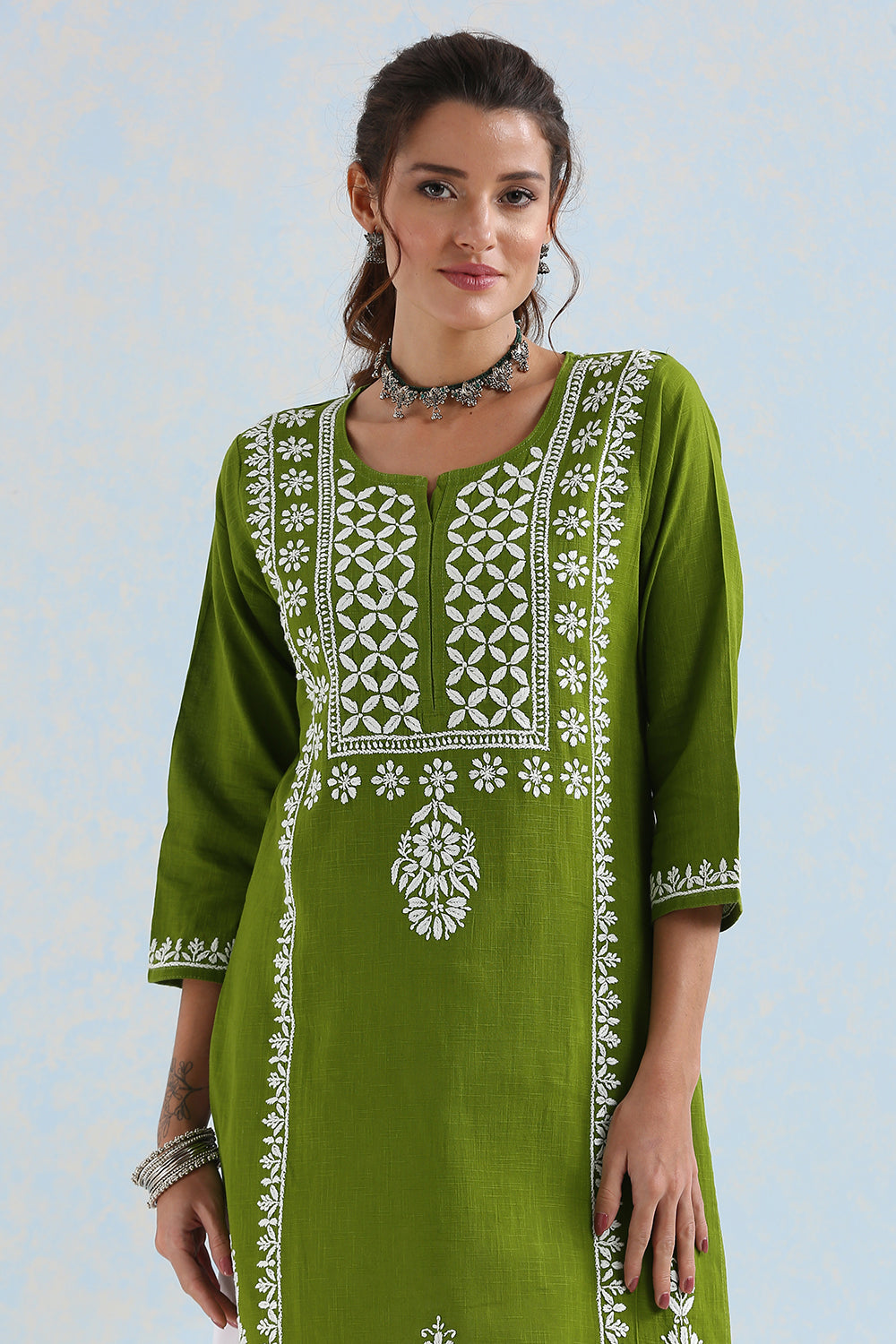 Mehndi Green Chikankari Hand Embroidered Handloom Cotton Kurta