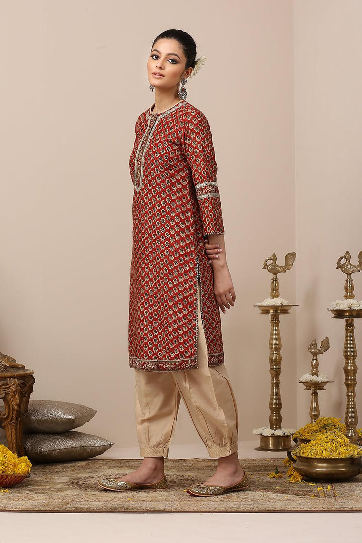 Maroon Hand Block Printed Chanderi Silk Short Kurta - Tahiliya