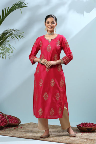 Fusia Pink Khari Printed Cotton Silk Kurta - Tahiliya