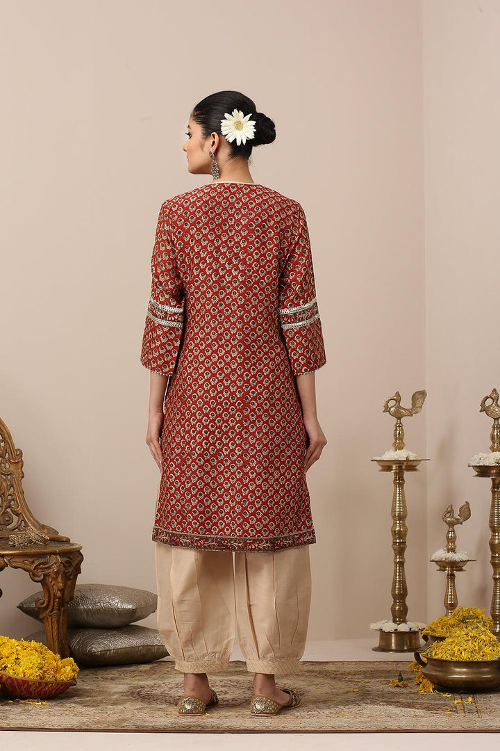 Maroon Hand Block Printed Chanderi Silk Short Kurta - Tahiliya