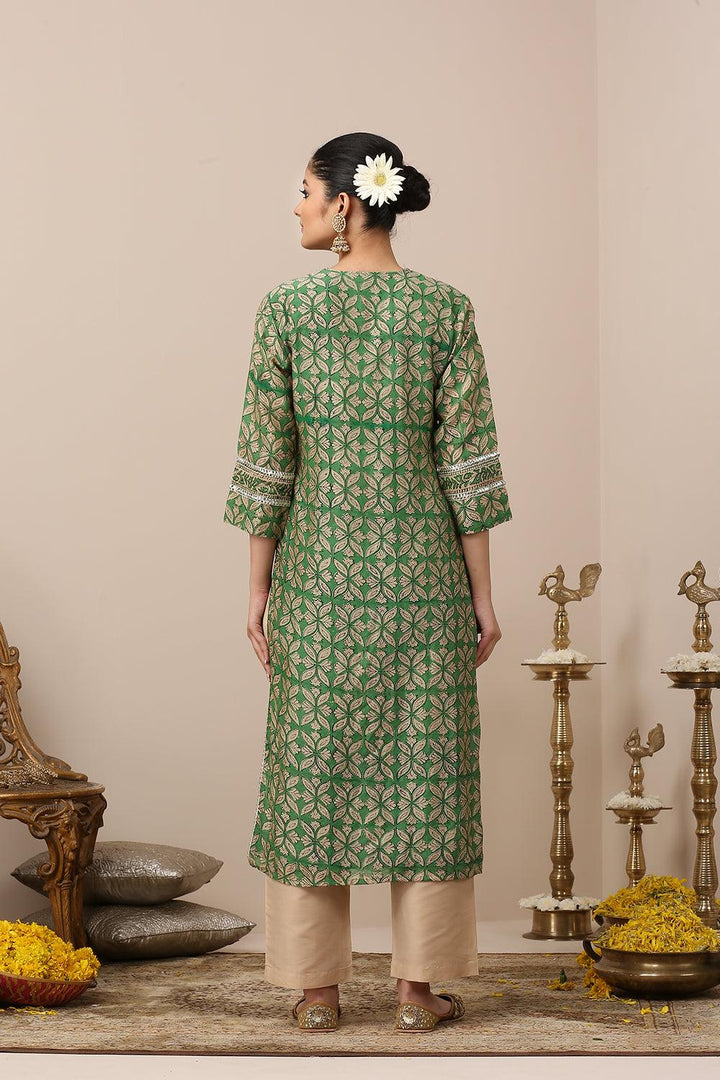 Green Hand Block Printed Chanderi Silk Kurta - Tahiliya