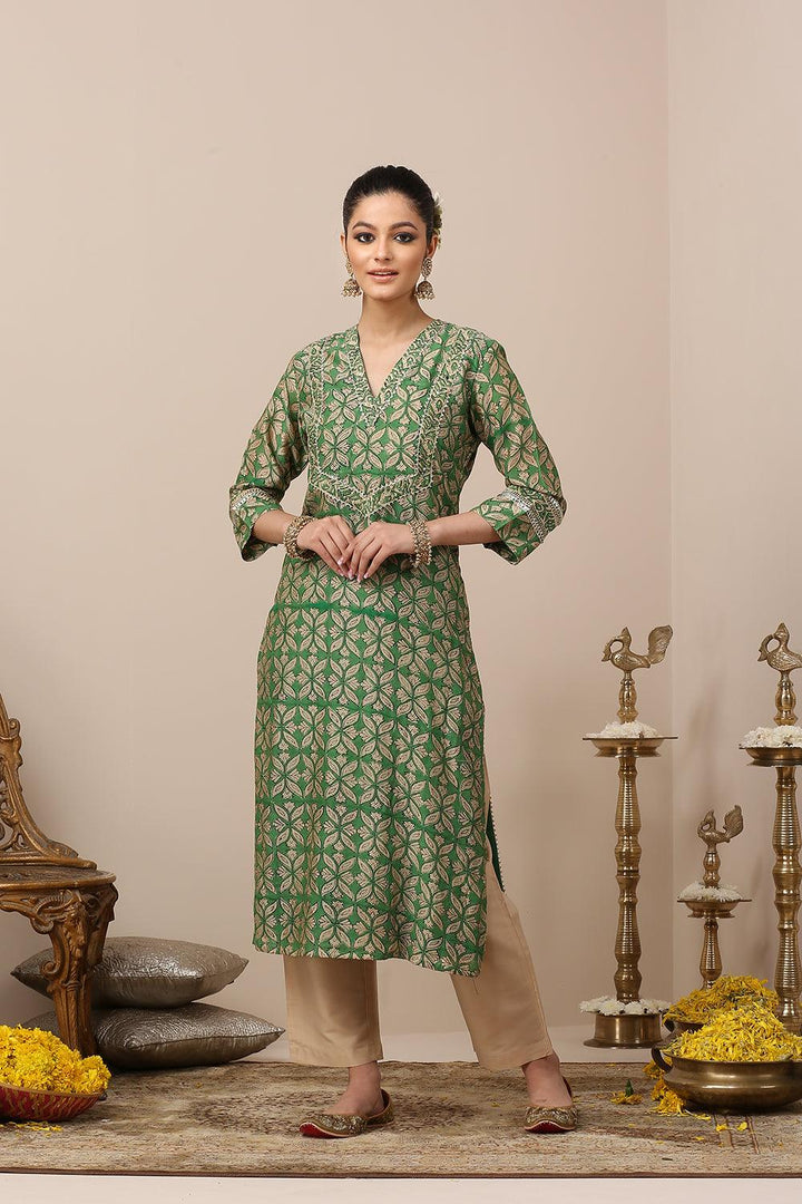 Green Hand Block Printed Chanderi Silk Kurta - Tahiliya