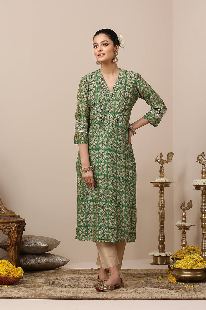 Green Hand Block Printed Chanderi Silk Kurta - Tahiliya