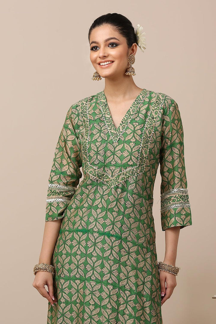 Green Hand Block Printed Chanderi Silk Kurta - Tahiliya