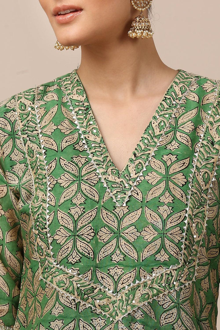 Green Hand Block Printed Chanderi Silk Kurta - Tahiliya