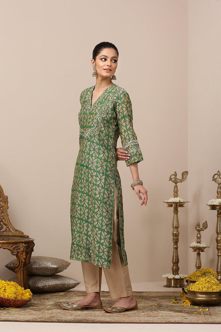 Green Hand Block Printed Chanderi Silk Kurta - Tahiliya