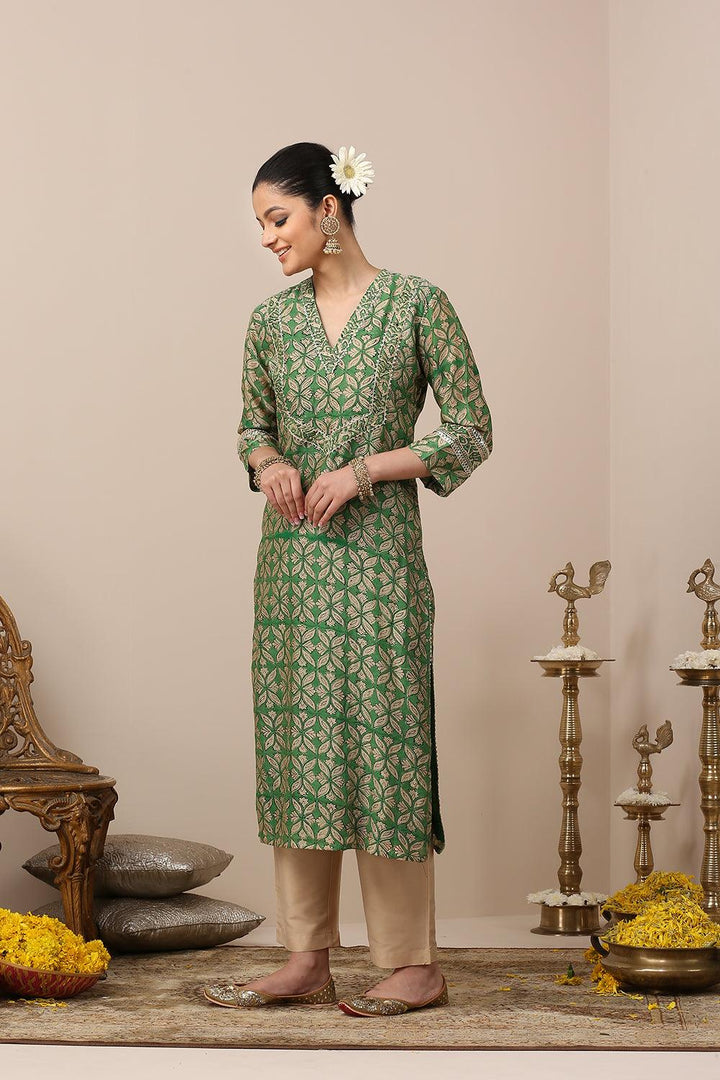 Green Hand Block Printed Chanderi Silk Kurta - Tahiliya