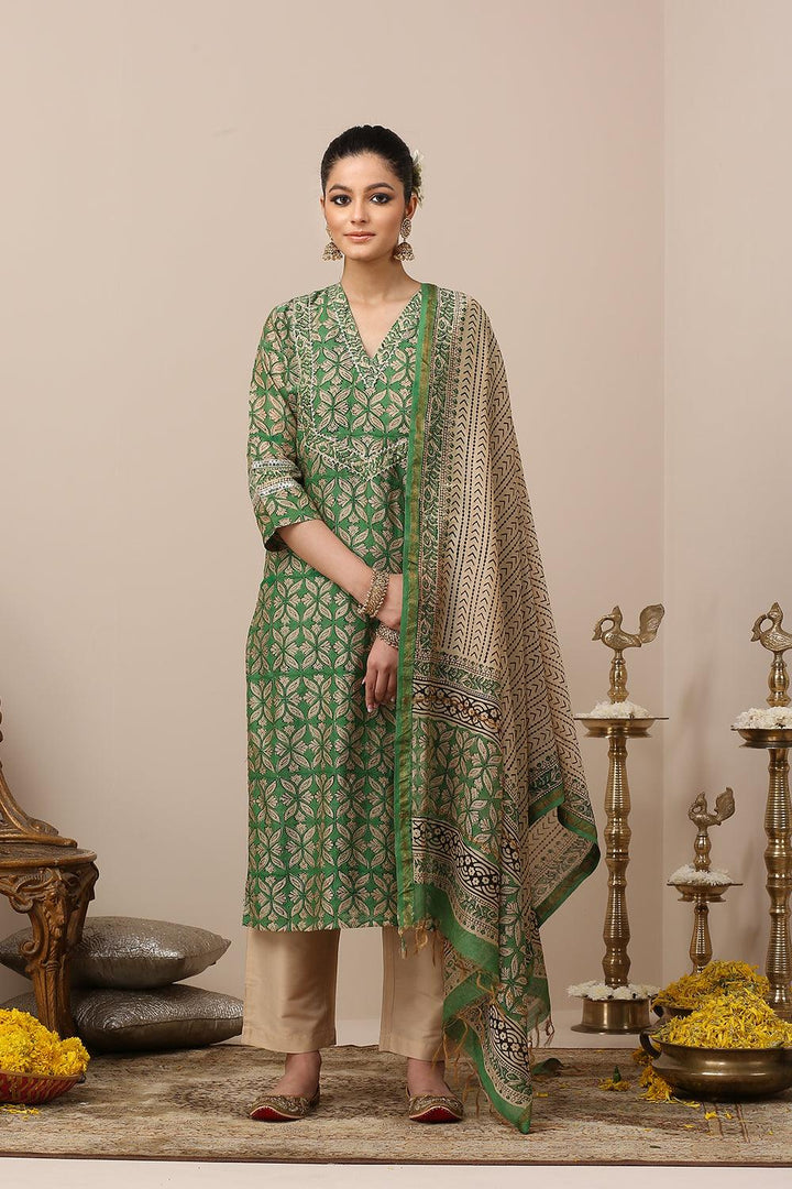 Green Hand Block Printed Chanderi Silk Kurta - Tahiliya