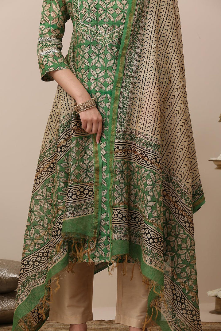 Green Hand Block Printed Chanderi Silk Kurta - Tahiliya