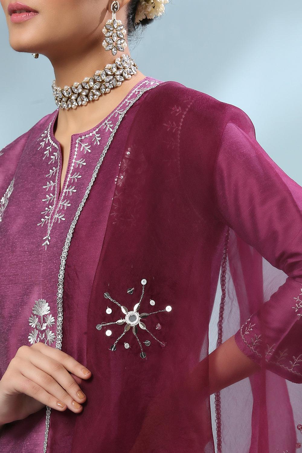 Purple Embroidered Cotton Silk Kurta - Tahiliya