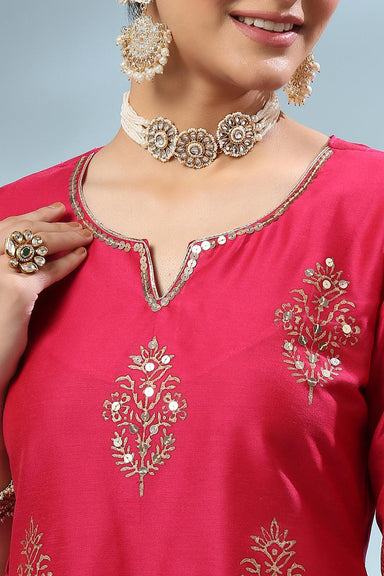 Fusia Pink Khari Printed Cotton Silk Kurta - Tahiliya