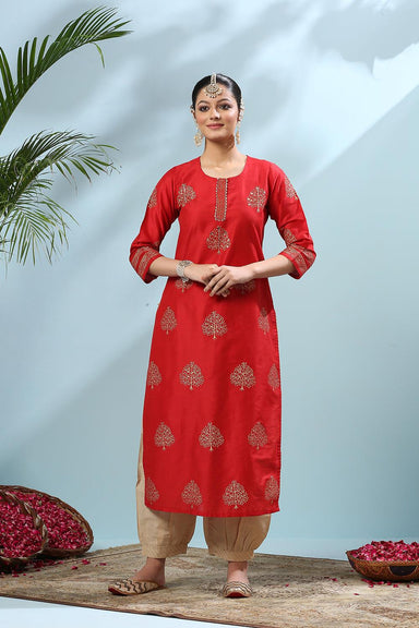 Red Khari Printed Cotton Silk Kurta - Tahiliya