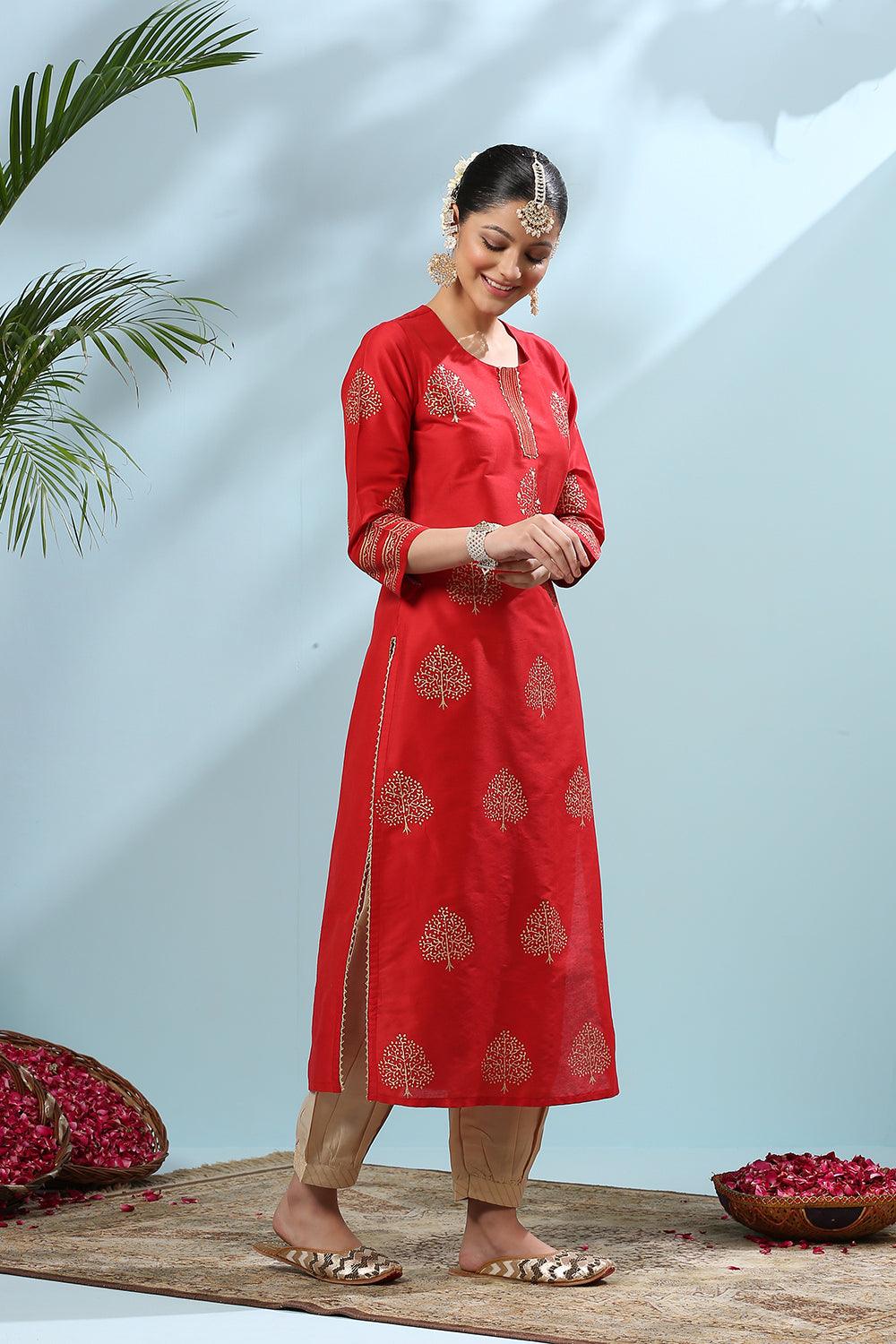 Red Khari Printed Cotton Silk Kurta - Tahiliya