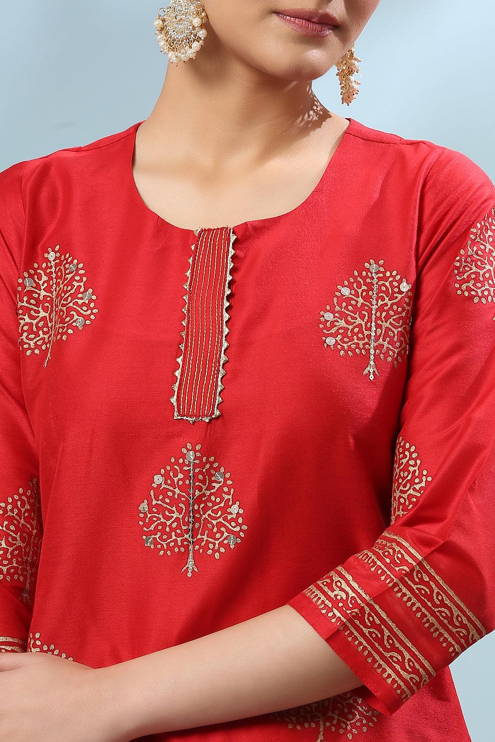 Red Khari Printed Cotton Silk Kurta
