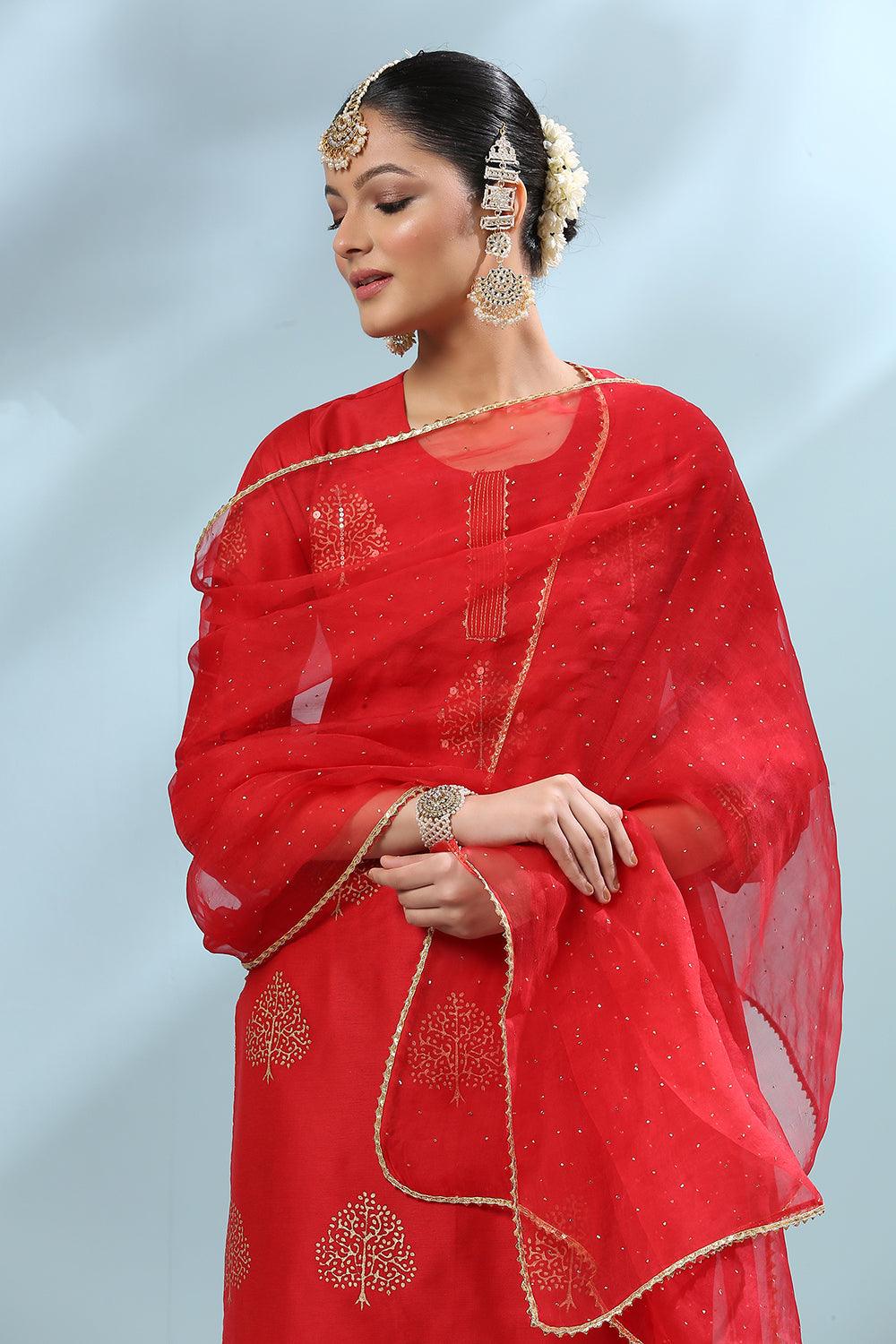 Red Khari Printed Cotton Silk Kurta