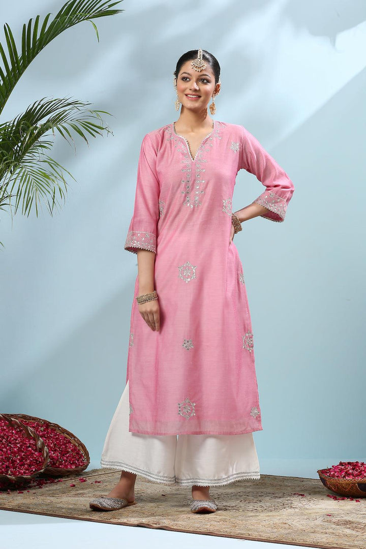 Pink Gota Patti Chanderi Kurta - Tahiliya