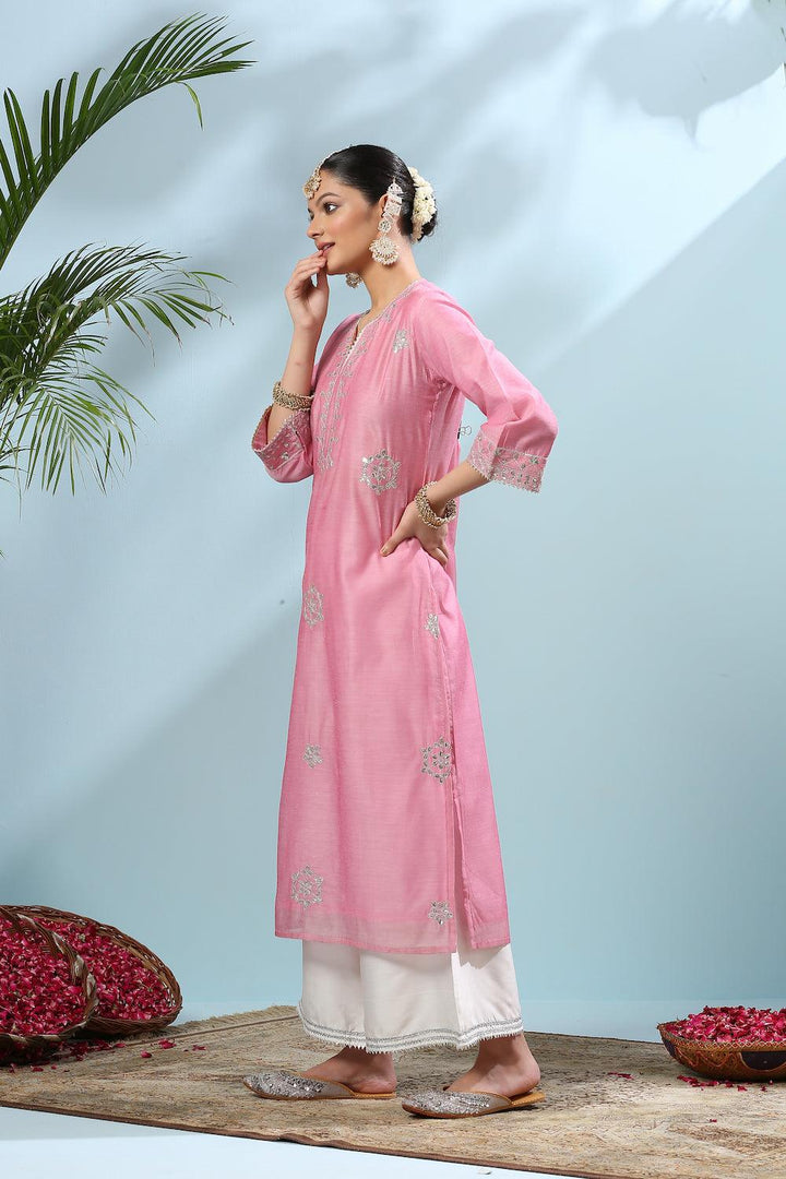 Pink Gota Patti Chanderi Kurta - Tahiliya