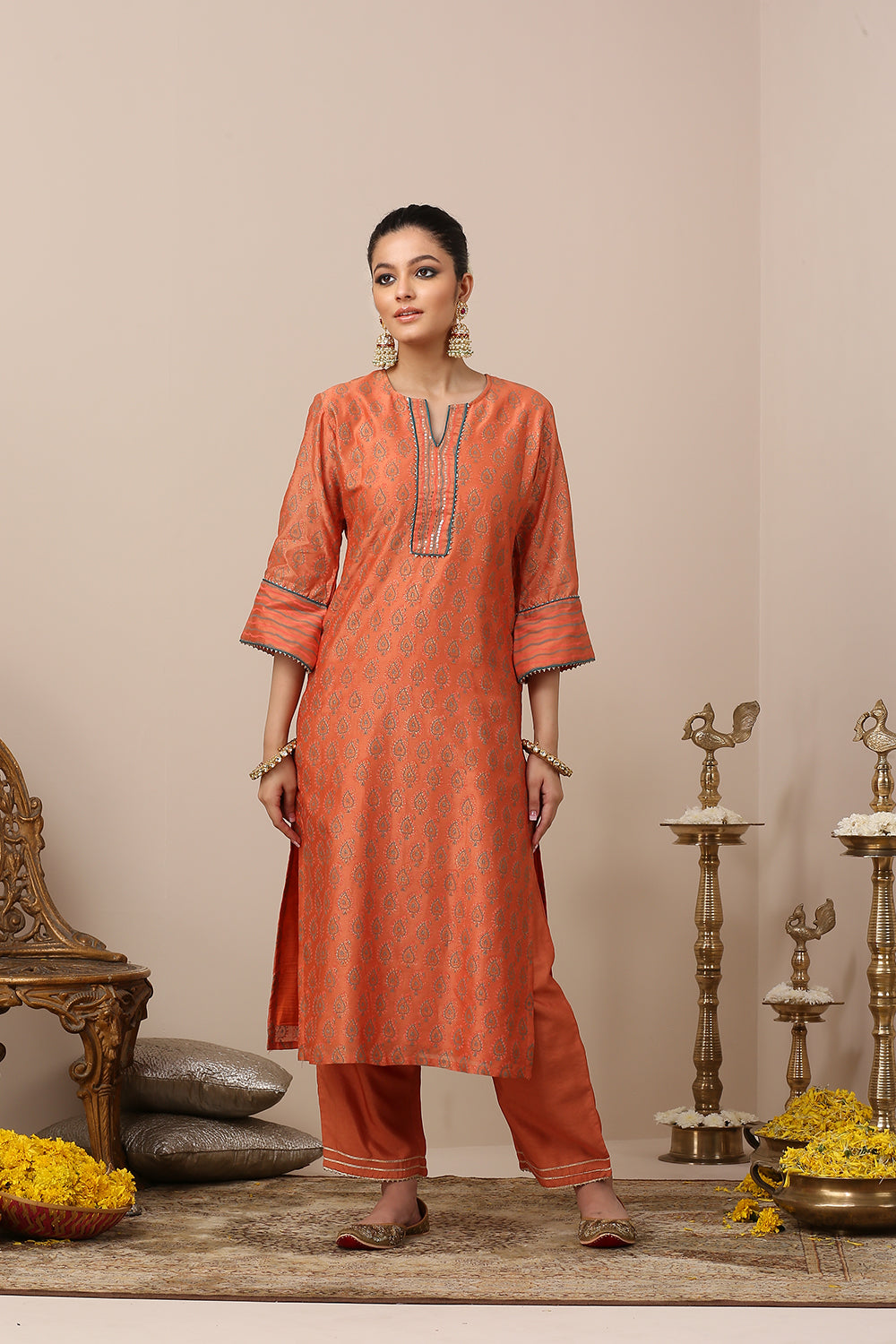 Orange Chanderi Silk Khari Printed Designer Kurta Set of 3
