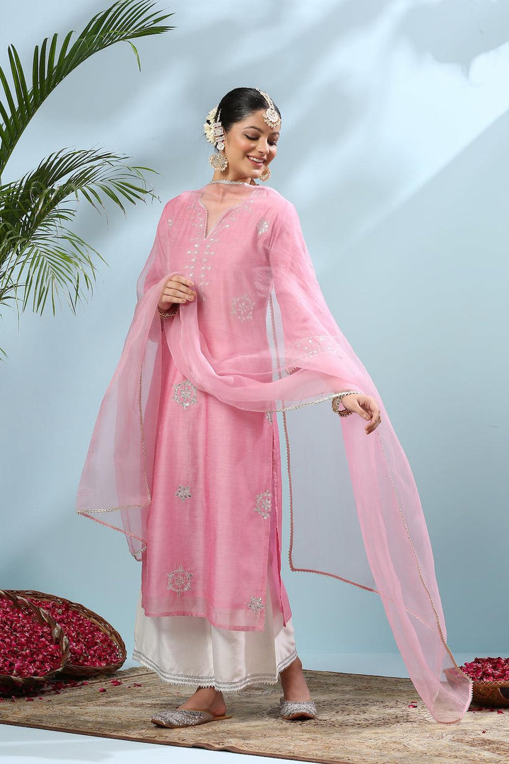 Pink Gota Patti Chanderi Kurta - Tahiliya