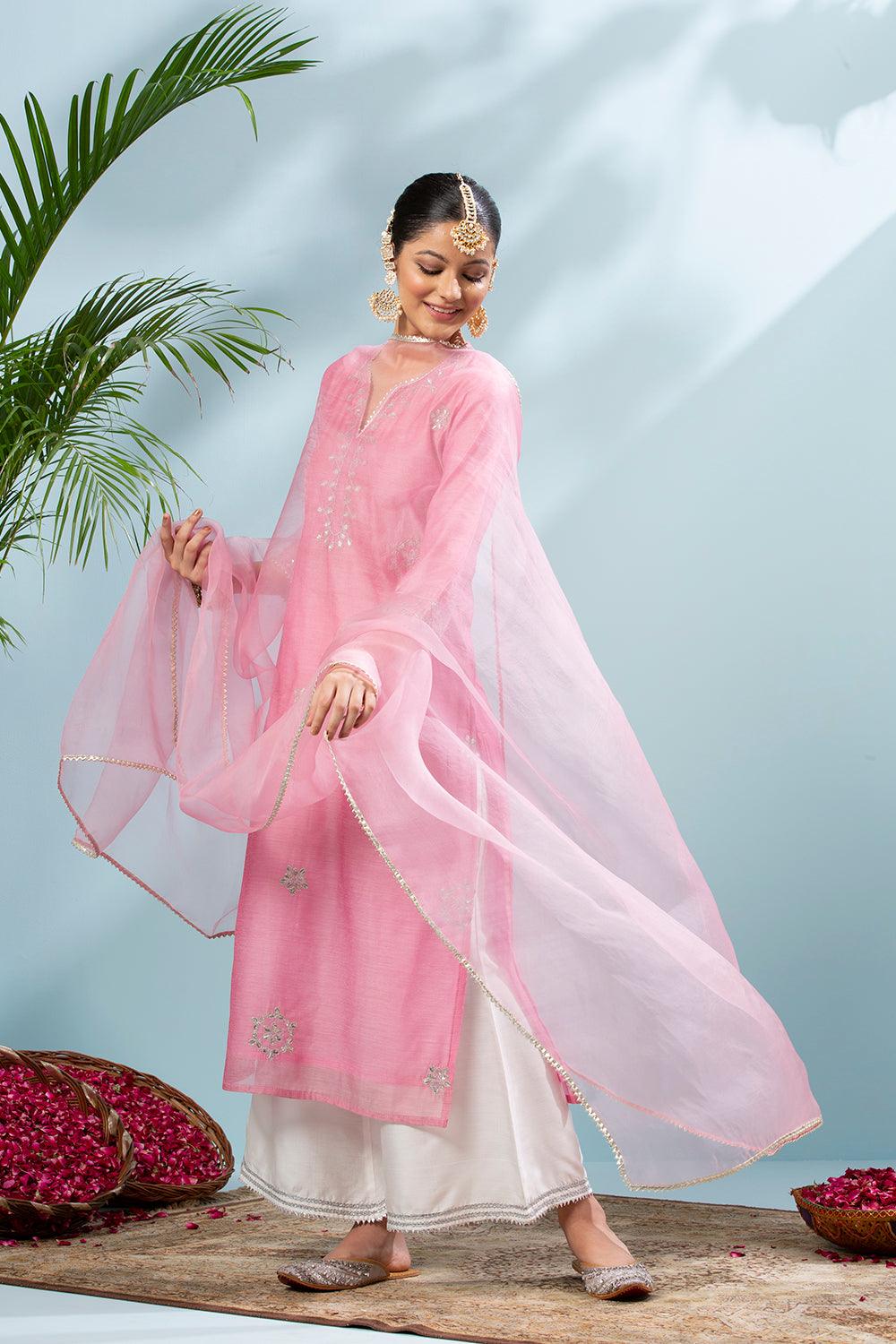 Pink Gota Patti Chanderi Kurta - Tahiliya