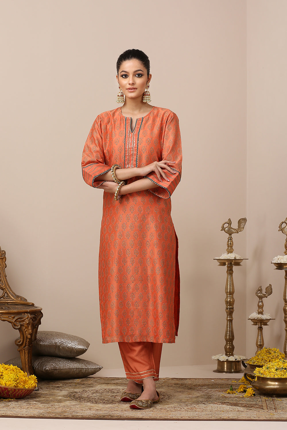 Orange Chanderi Silk Khari Printed Designer Kurta Set of 3
