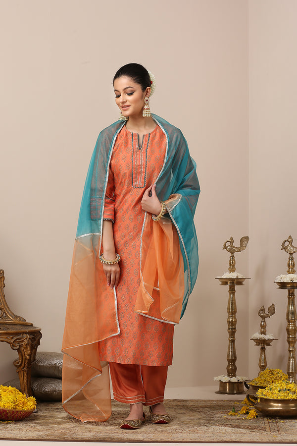 Orange Chanderi Silk Khari Printed Kurta Set