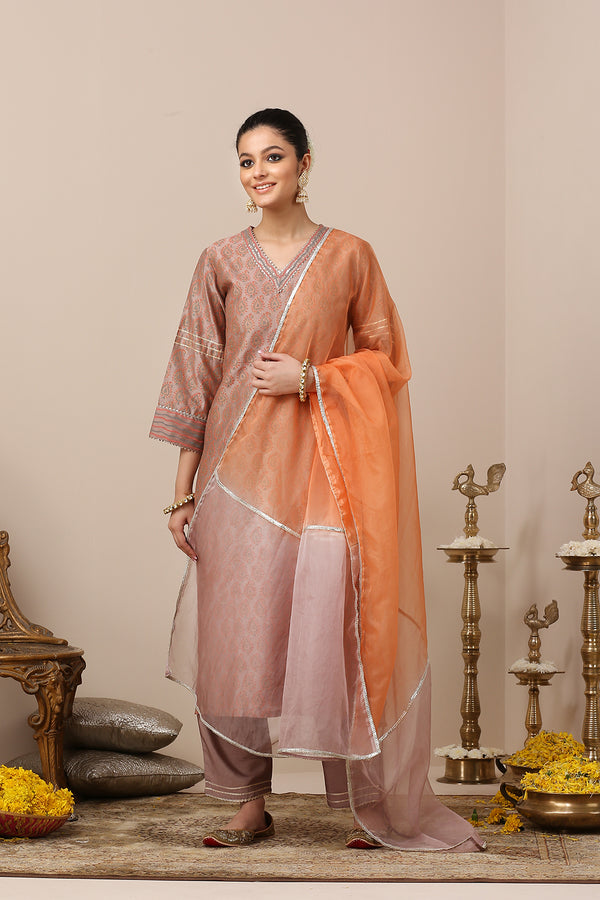 Mauve Chanderi Silk Khari Printed Kurta Set