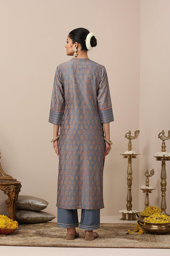 Blue Chanderi Silk Khari Printed Designer Kurta - Set of 3 - Tahiliya