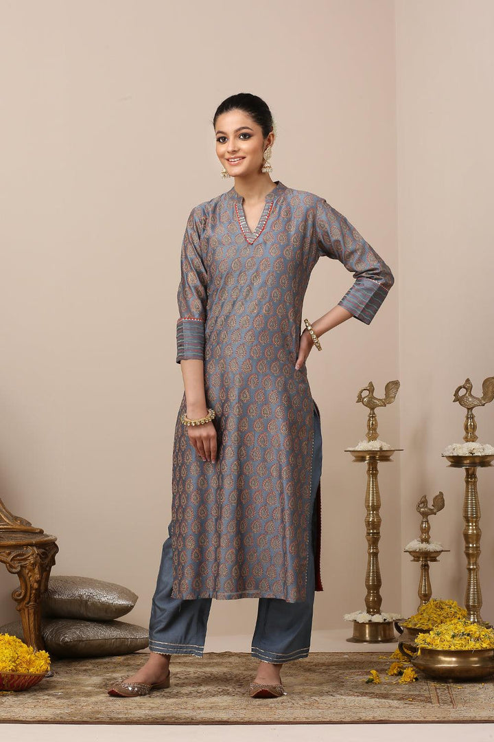 Blue Chanderi Silk Khari Printed Designer Kurta - Set of 3 - Tahiliya