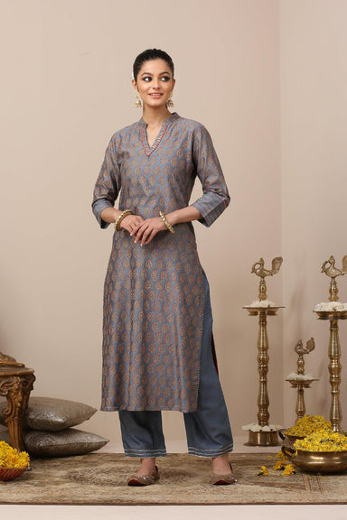 Blue Chanderi Silk Khari Printed Designer Kurta - Set of 3 - Tahiliya