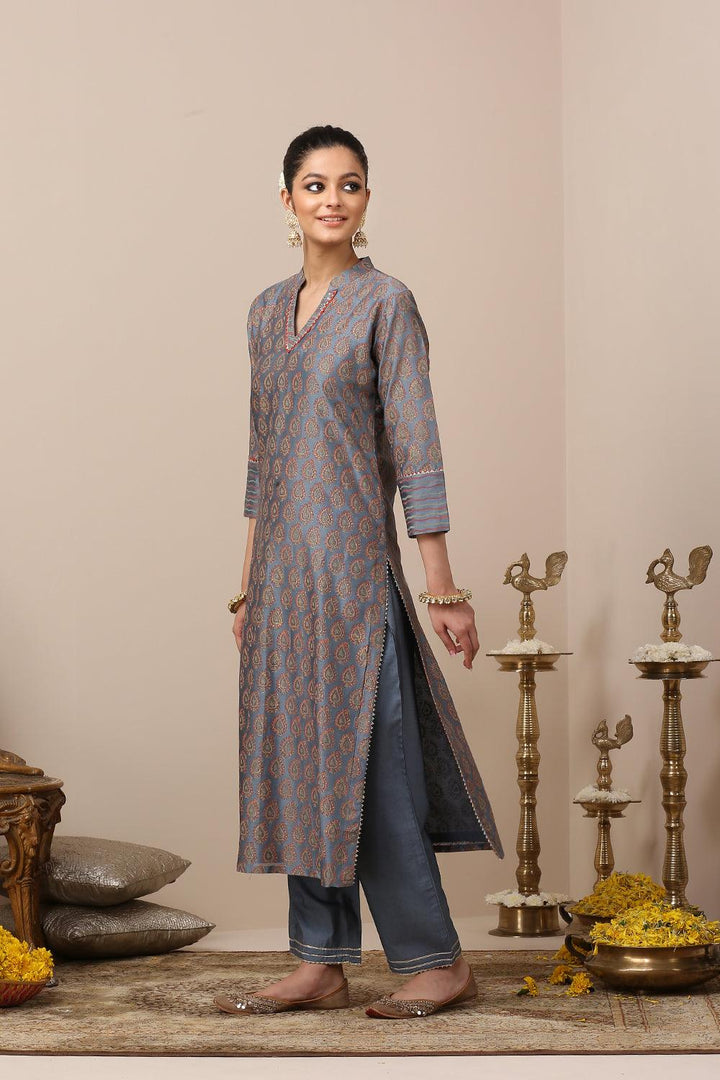 Blue Chanderi Silk Khari Printed Designer Kurta - Set of 3 - Tahiliya