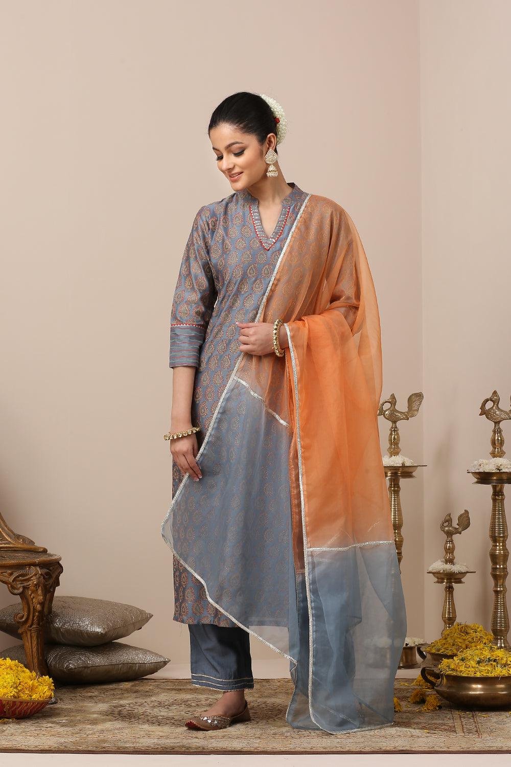 Blue Chanderi Silk Khari Printed Designer Kurta - Set of 3