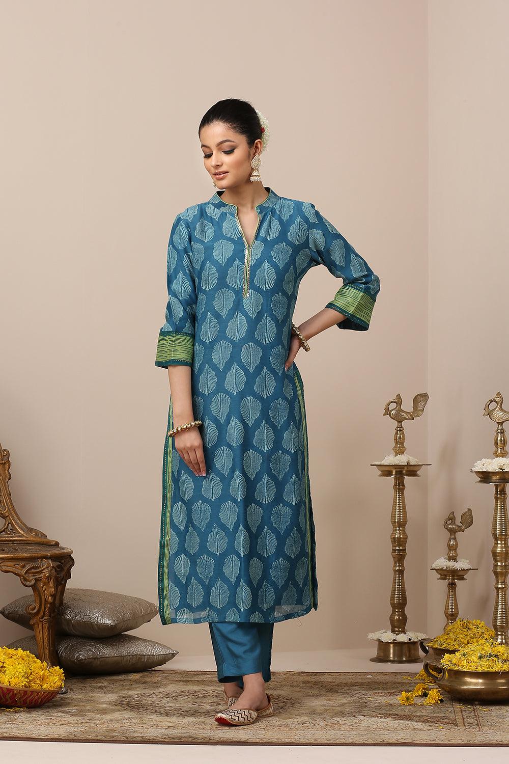 Blue Printed Chanderi  Silk Designer Kurta - Set of 3