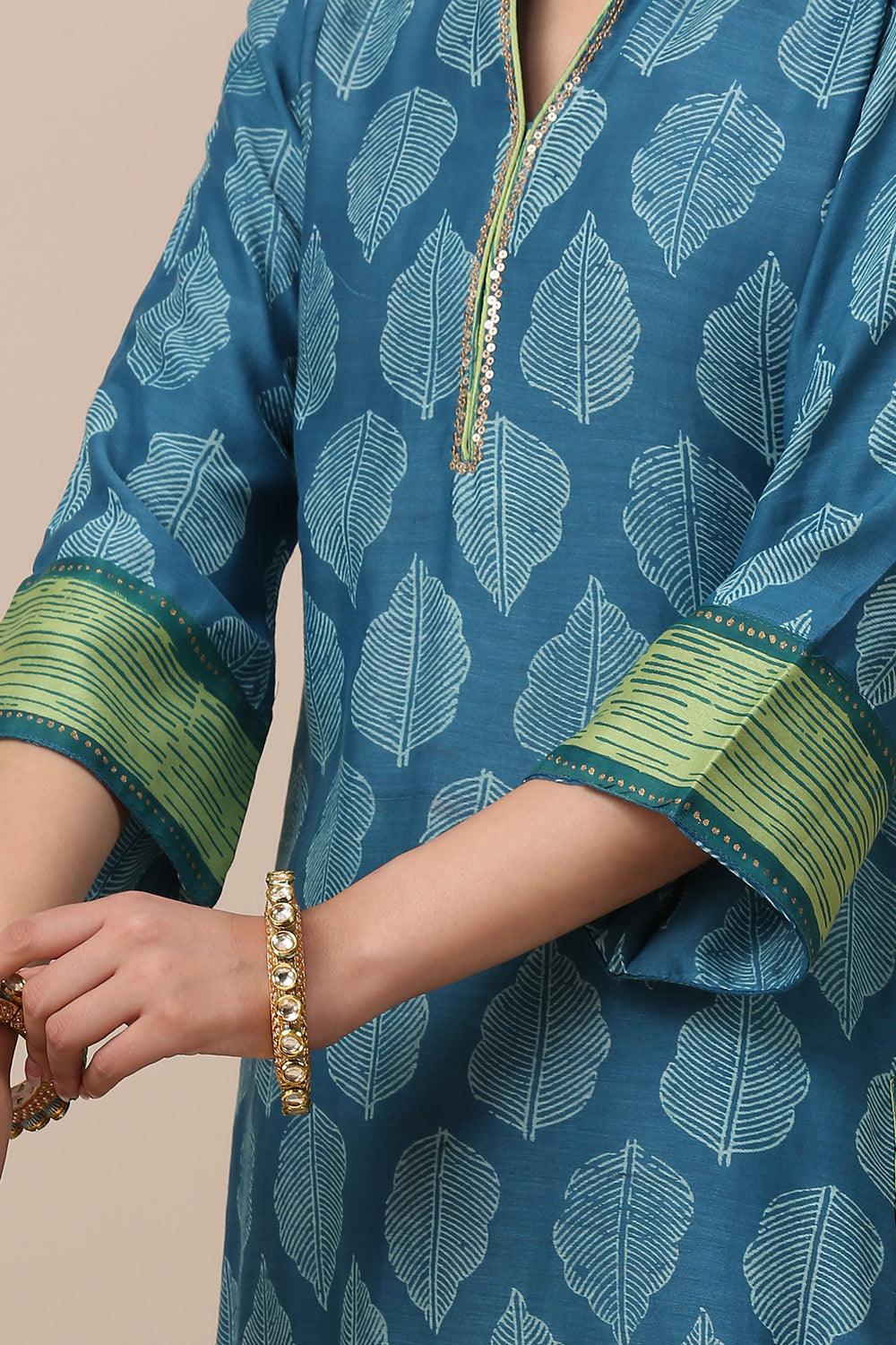 Blue Printed Chanderi  Silk Designer Kurta - Set of 3