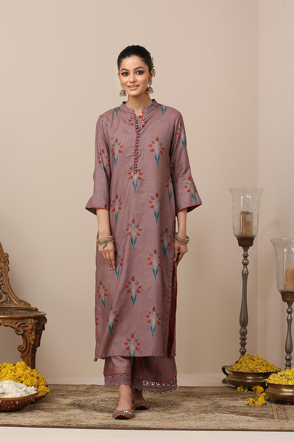Mauve Printed Tussar Moonga Silk Designer Kurta with Cotton Silk Pants & Pure Silk Printed Dupatta - Set of 3