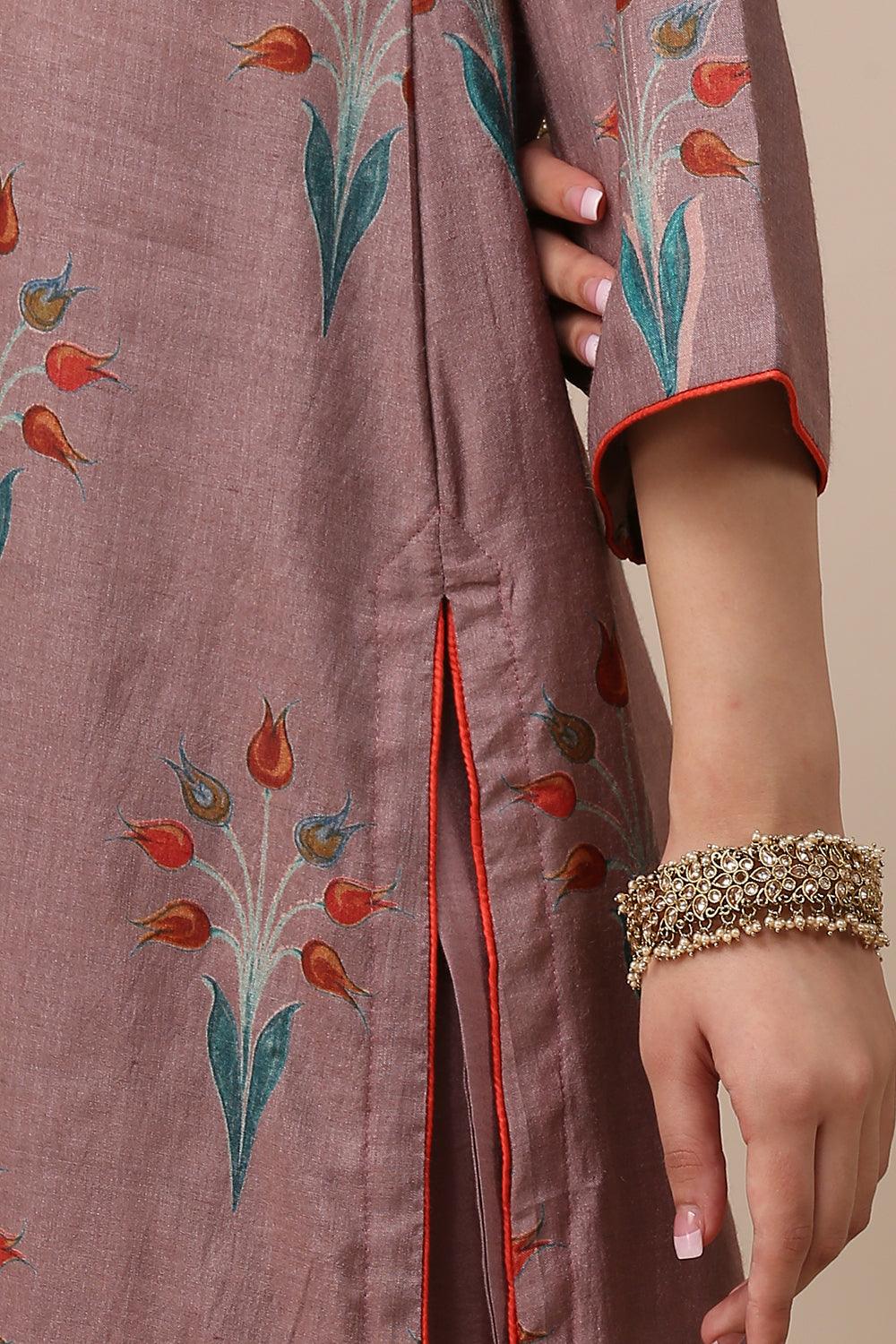 Mauve Printed Tussar Moonga Silk Designer Kurta with Cotton Silk Pants & Pure Silk Printed Dupatta - Set of 3